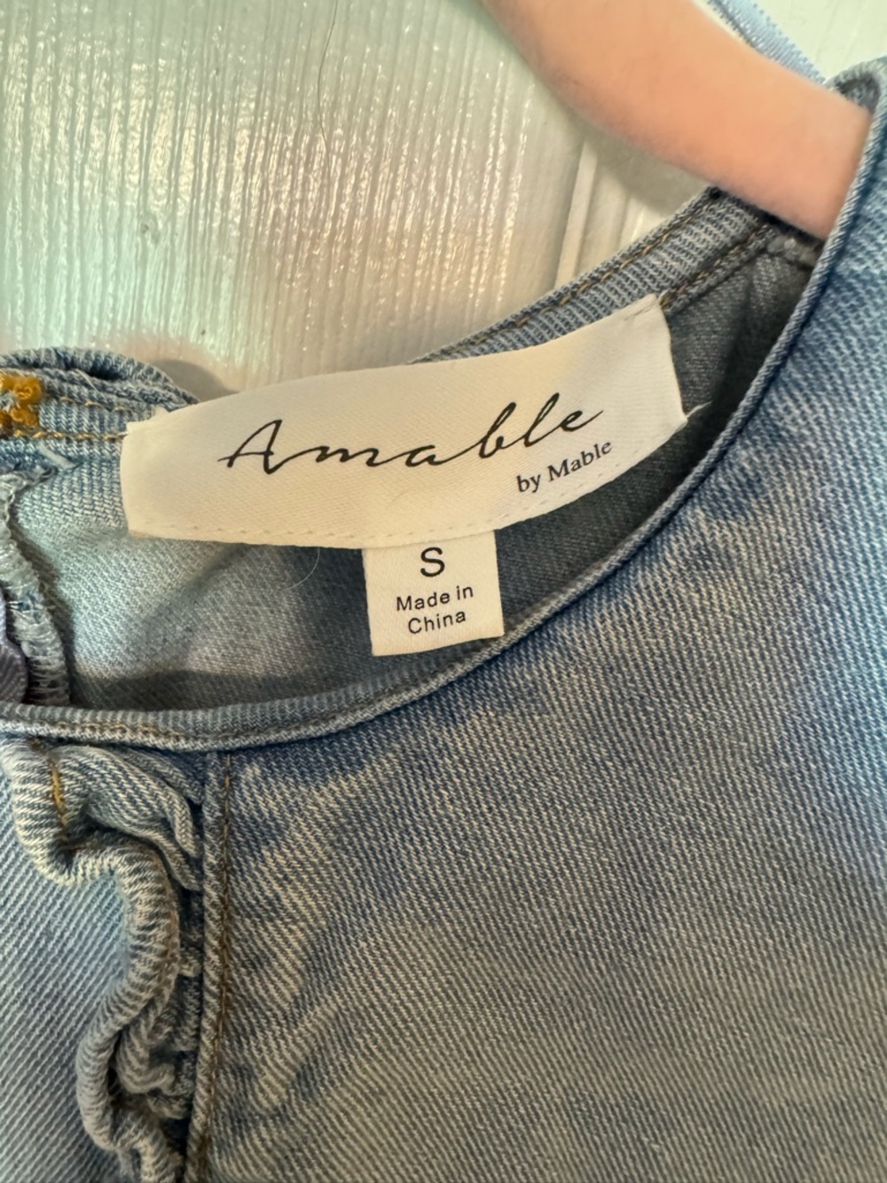 Mable Light Wash Denim Short Sleeve Dress with Ruffle Collar - Picture 3 of 5